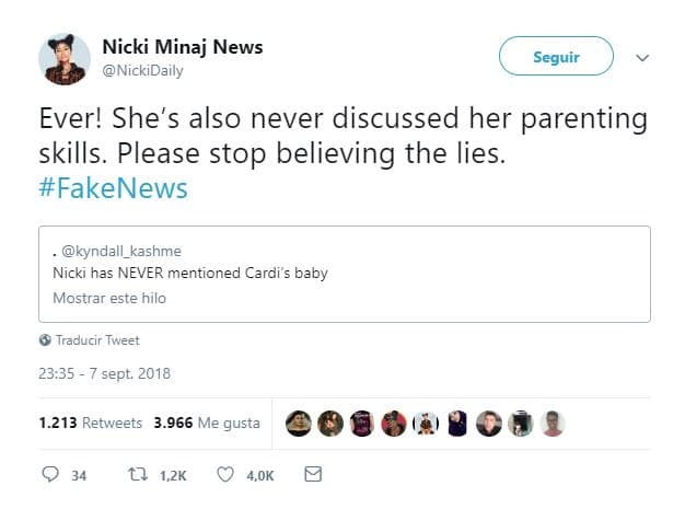 Por ejemplo, uno de los tweets a los que Nicki reaccionó fue el publicado la noche de la pelea por la usuaria @NickiDaily: "Nicki nunca ha mencionado a la bebé de Cardi. ¡Nunca! Ella tampoco ha discutido sus habilidades como madre. Por favor dejen de creer las mentiras. #FakeNews".
