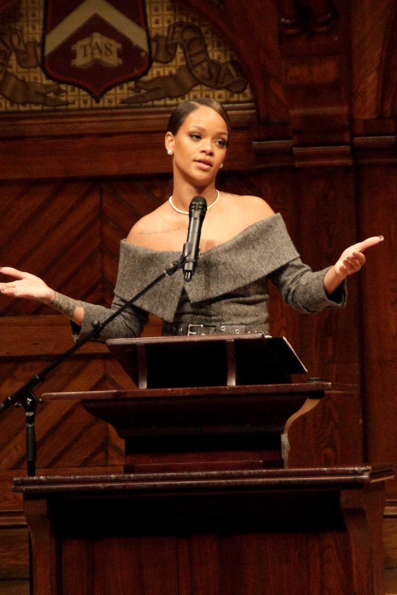 Photo © 2017 Instar Images/The Grosby Group Cambridge, Massachusetts, February 27, 2018. Pop star Rihanna is seen at Harvard's Sanders Theatre to receive the 2017 Humanitarian Award for her contributions in Barbados. Rihanna has charitably built a state-of-the-art center for oncology and nuclear medicine to diagnose and treat breast cancer at the Queen Elizabeth Hospital in Bridgetown, Barbados,î said Dr. S. Allen Counter, director of the Harvard Foundation, in a statement.