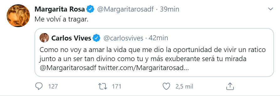 "Me volví a tragar": respondió Margarita Rosa de Francisco al romántico mensaje.