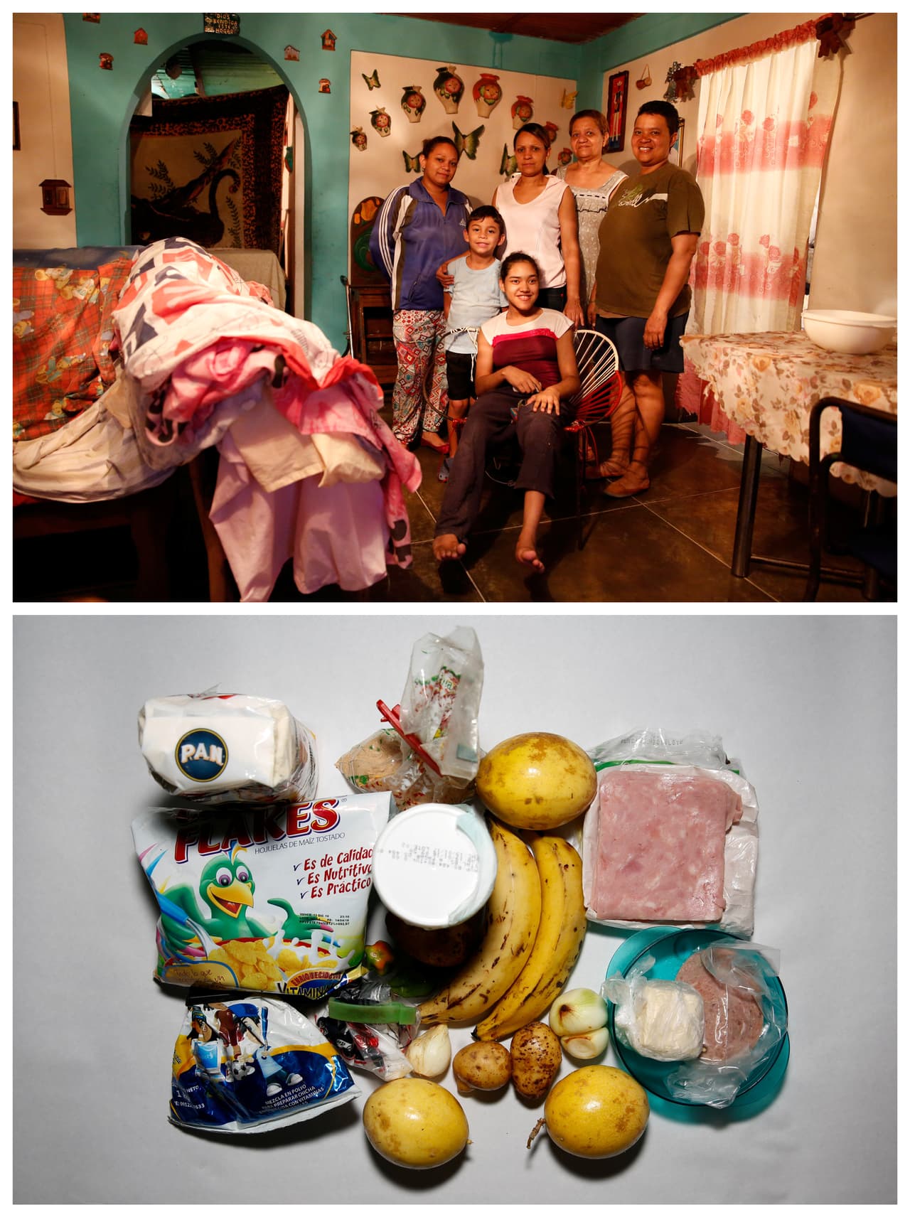Victoria Mata posa en la foto con cinco miembros de su familia con los que vive, en Caracas. "Estamos comiendo menos porque no se consigue la comida y cuando aparece las filas de gente son infernales y no podemos comprar. Ahora no comemos tres veces al día, solo hacemos dos comidas al día, si las tenemos".