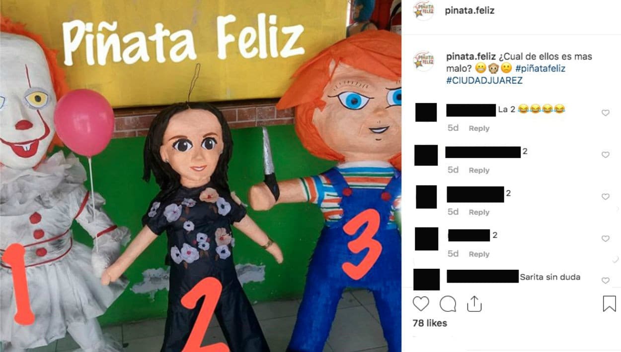 En la página de Instagram de su negocio, se le preguntó a sus seguidores a quién creían más malo. La piñata de Sarita Sosa resultó favorecida sobre los personajes de filmes de terror como 'It' y 'Chucky'.