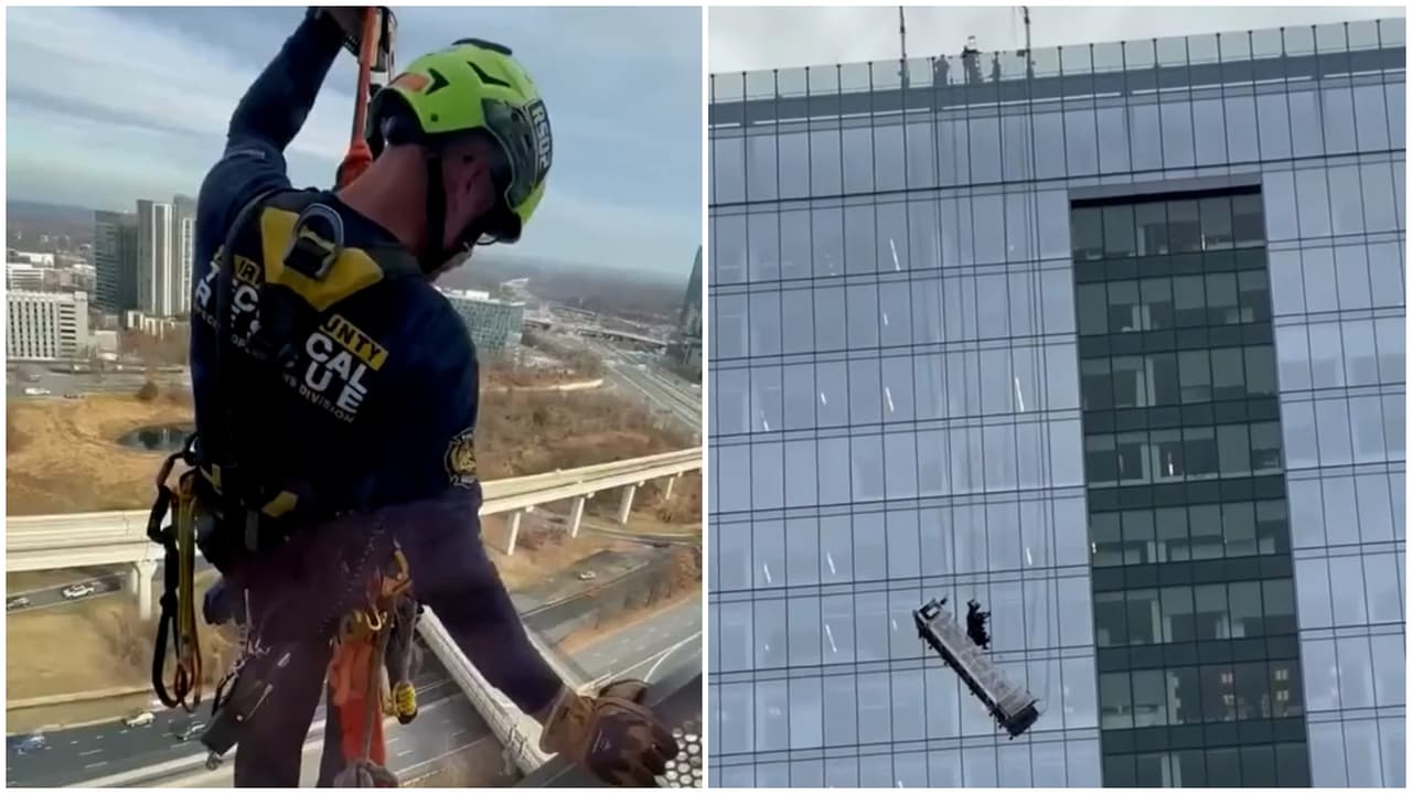 Una falla mecánica dejó colgando a dos limpiadores de ventanas y activó rescate en Virginia