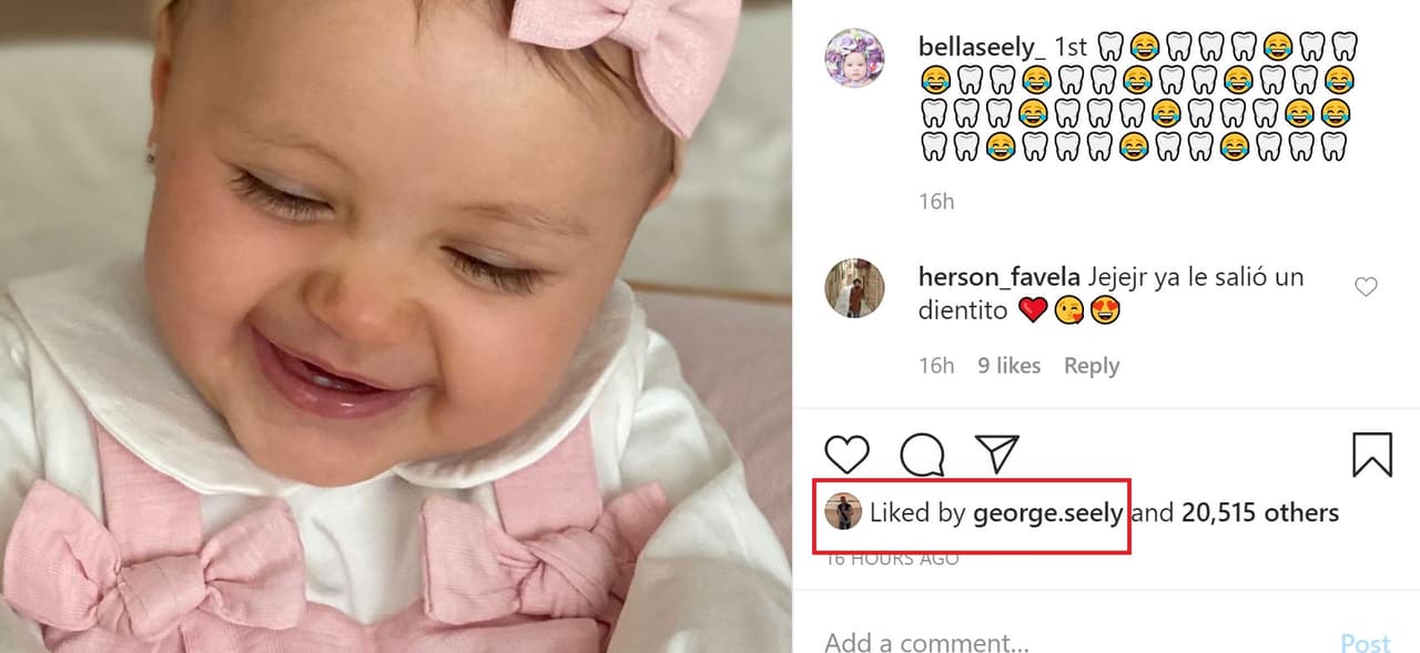 En cuanto a la foto en que Bella presumió su primer diente, su padre le dio un 'me gusta' como lo ha hecho en otras imágenes.
<br>