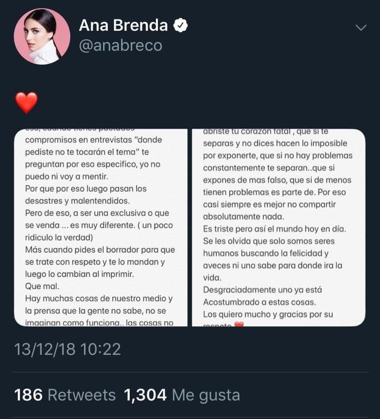 Tras la publicación, Ana Brenda publicó en su cuenta de Twitter una extensa carta donde revelaba que habría acordado con Iván Sánchez no hablar de la situación entre ellos. Aparentemente, la actriz había pedido que no le preguntaran del asunto, pero durante la entrevista se le cuestionó y ella tuvo que hablar.