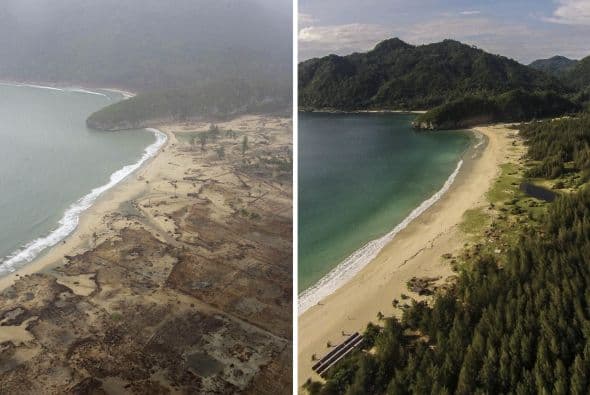 En esta imagen se observa una comparación de una vista aérea del Océano Índico al oeste de Aceh, Indonesia, 10 años después del tsunami que devastó gran parte de las costas. Indonesia, Tailandia y Sri Lanka fueron los países más afectados.