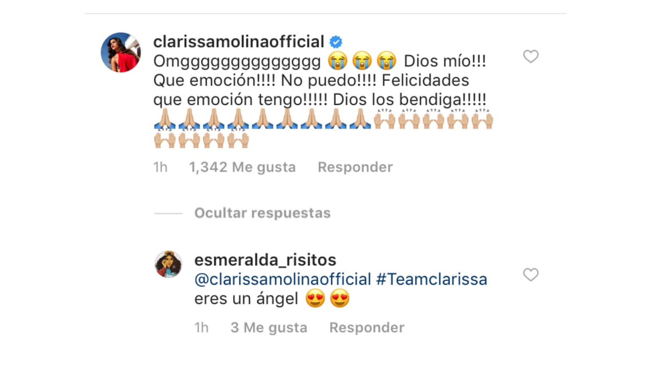 De las primeras en felicitar a su amiga fue la también Nuestra Belleza Latina, Clarissa Molina, quien escribió estar muy emocionada.