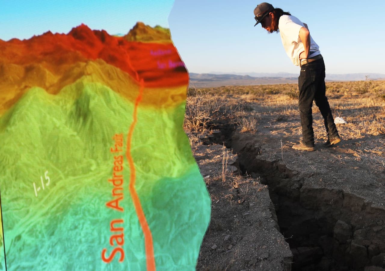 En el Sur de California se ubica la línea divisoria entre las placas tectónicas del Pacífico y Norte América. Estas placas son grandes secciones de la corteza terrestre que se están moviendo de forma lateral. La de Norte América se extiende al oriente, mientras que la placa del Pacífico se extiende al occidente, hacia Japón.