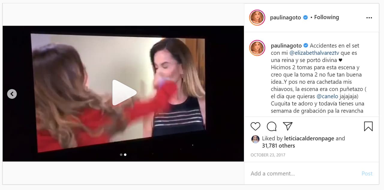 "Accidentes en el set con mi Elizabeth Álvarez que es una reina y se portó divina. Hicimos 2 tomas para esta escena y creo que la toma 2 no fue tan buena idea… Y pues no era cachetada mis chavos, la escena era con puñetazo (el día que quieras Canelo ja ja ja ja). Cuquita te adoro y todavía tienes una semana de grabación para la revancha", escribió.
<br>