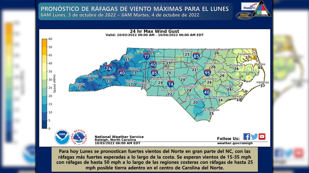 Vientos para este lunes en Carolina del Norte.