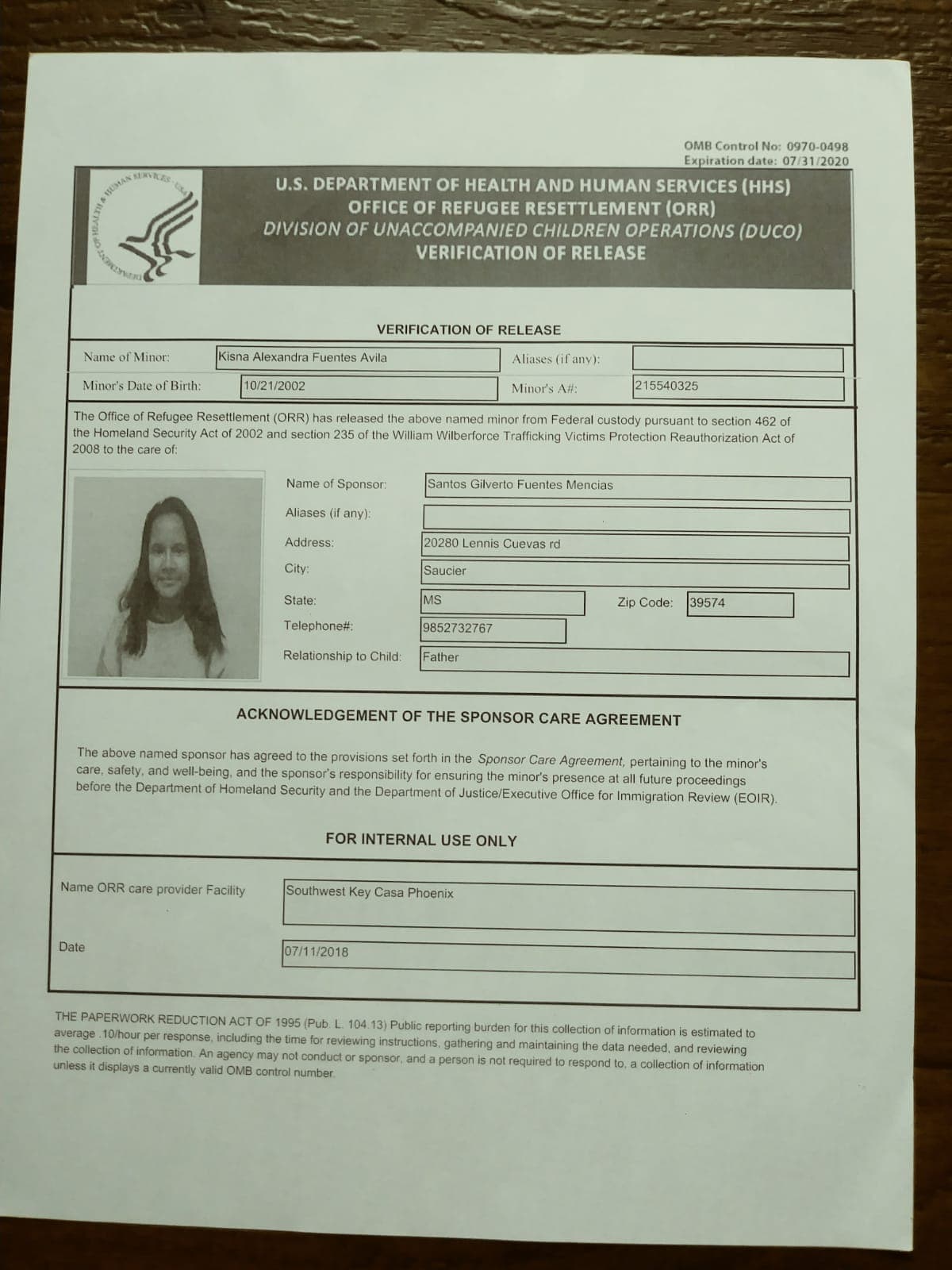 Se reunieron el 11 de julio después de que su hija fuera trasladada desde Arizona en compañía de un funcionario del gobierno de los EE. UU.