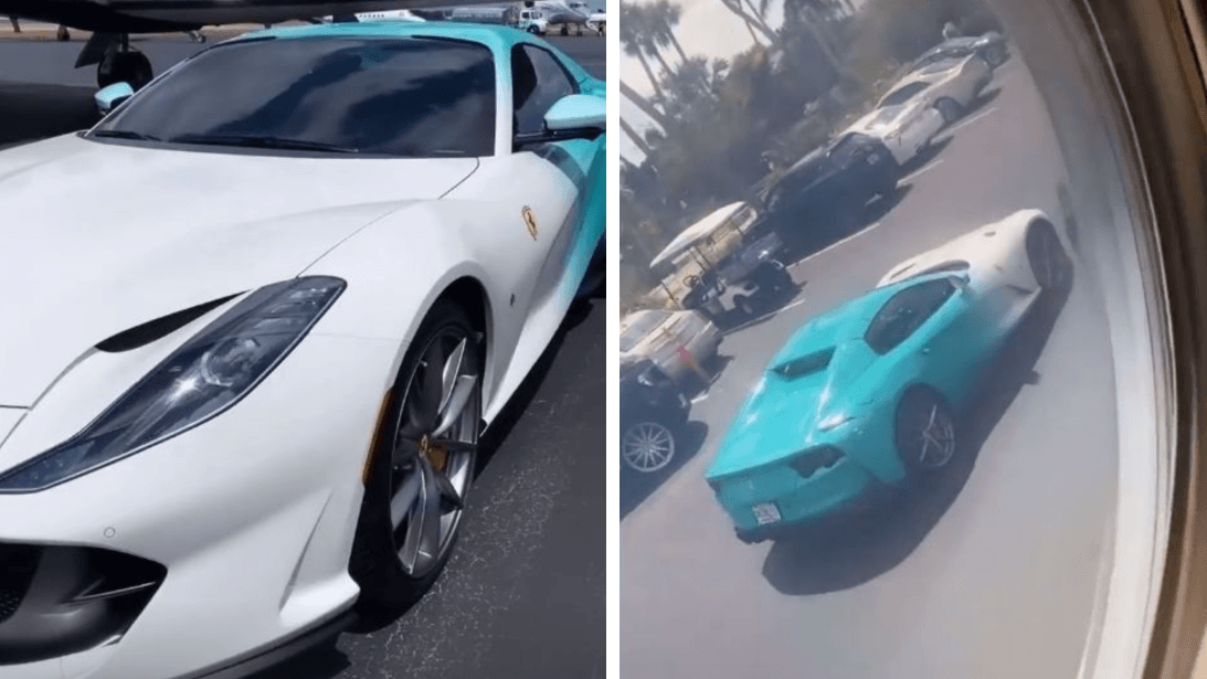 Según los videos que publicó en sus historias, el lujoso 
<a>Ferrari 812 GTS </a>continúa siendo blanco por el frente (su color original). Sin embargo, la parte trasera ahora exhibe una pintura turquesa muy llamativa, similar al color de su cabello.