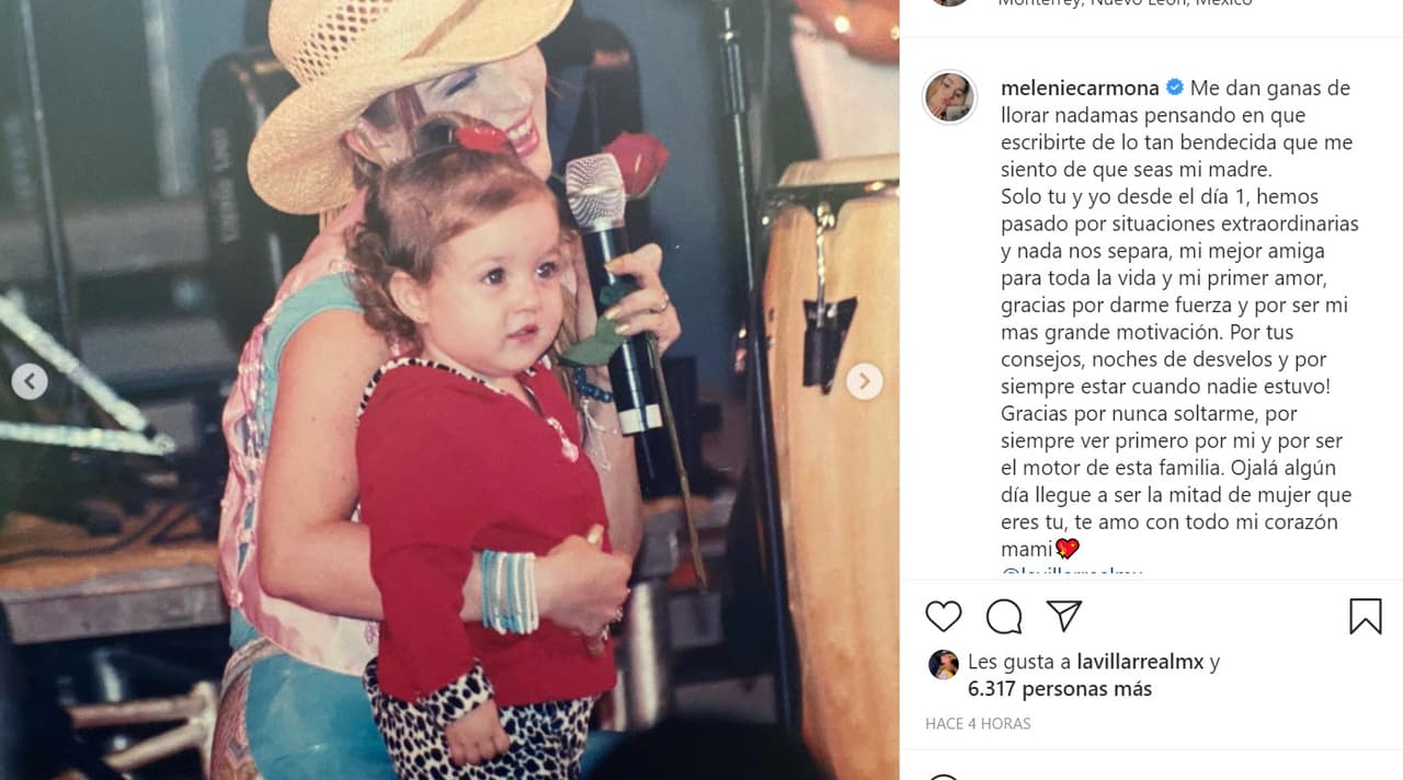 <b>Melenie Carmona</b> escribió una extensa carta dedicada a su madre Alicia Villarreal: “
<b><a href="https://www.instagram.com/p/COsu2ZNnHri/" target="_blank">Me dan ganas de llorar</a></b> nada más pensando en que escribirte de lo tan bendecida que me siento de que seas mi madre. Solo tú y yo, desde el día 1, hemos pasado por situaciones extraordinarias y nada nos separa, mi mejor amiga para toda la vida y mi primer amor, gracias por darme fuerza y por ser mi más grande motivación”, escribió en una parte del texto.