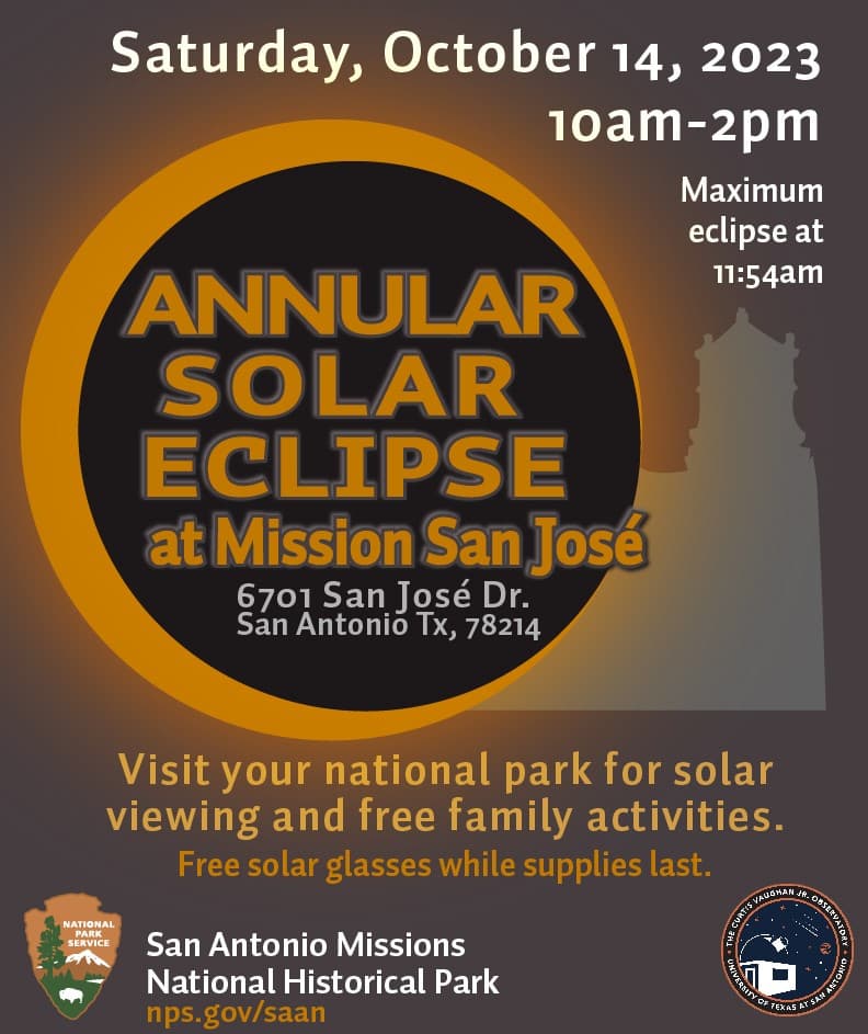 <b>Annular Solar Eclipse Day</b>
<br>
<br>📍Dónde: San Antonio Missions National Historical Park
<br>
<br>⏰ Horario: 14 de octubre, 10:00 a 14:00 horas
<br>
<br>Tendrás la oportunidad de hablar con un astrónomo y participar en actividades divertidas y educativas.
<br>
