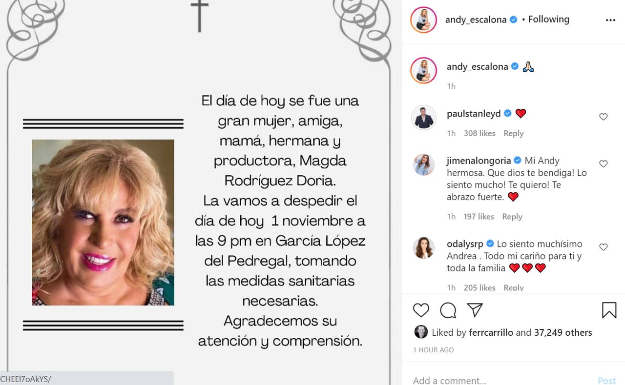 "
<b><a href="https://www.instagram.com/p/CHEEl7oAkYS/" target="_blank">La vamos a despedir el día de hoy</a></b>, 1 de noviembre, a las 21:00 horas en (las funerarias) García López del Pedregal, tomando las medidas sanitarias necesarias", explicó haciendo referencia a los protocolos sanitarios ante la pandemia de covid-19.
<br>