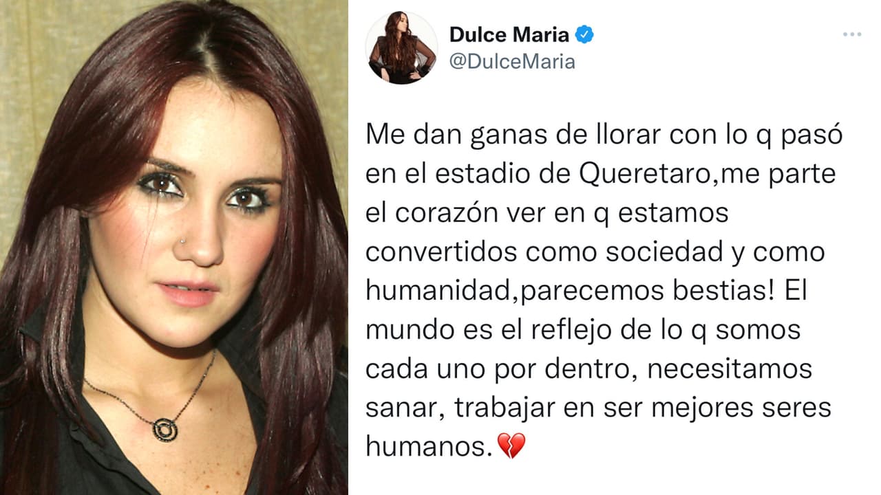 Dulce María también hizo sonar su voz ante los hechos de violencia en el partido entre Atlas y Querétaro. La también cantante reconoció que le daban "ganas de llorar" al ver las aterradoras imágenes: "Me parte el corazón ver en qué estamos convertidos como sociedad y como humanidad, 
<b>¡parecemos bestias!</b>".