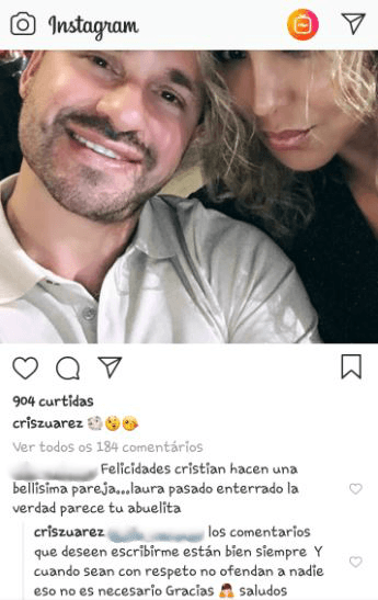 Un internauta escribió: "¡Felicidades, Cristian! Hacen una bellísima pareja... Laura pasado enterrado, la verdad, parece tu abuelita". Ante dicho post, el también músico de 43 años respondió: "Los comentarios que deseen escribirme están bien, siempre y cuando sean con respeto. No ofendan a nadie, eso no es necesario. Gracias. Saludos".