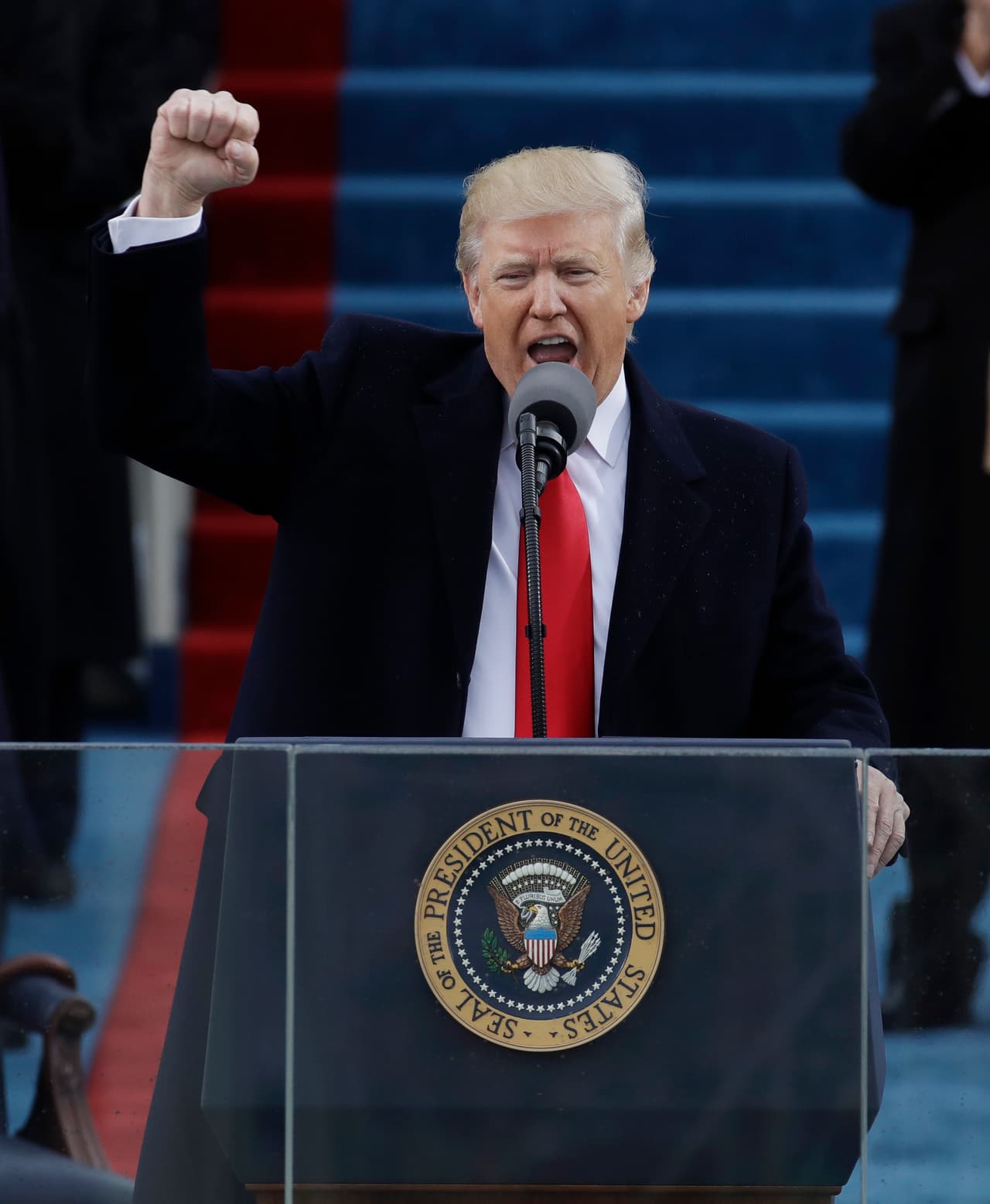 President Donald Trump pumps his fist after delivering his inaugural address after being sworn in as the 45th president of the United States during the 58th Presidential Inauguration at the U.S. Capitol in Washington, Friday, Jan. 20, 2017. (AP Photo/Patrick Semansky)
