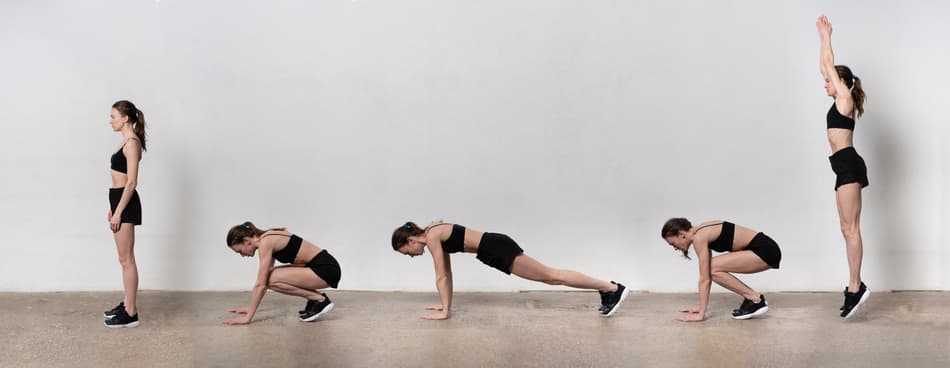<b>Los burpees (en la imagen) </b>forman parte de esta rutina de cinco ejercicios básicos, que pueden modificarse si es necesario.
<b> </b>En el caso de los burpees, si deseas incrementar la exisgencia puedes añadir una flexión.