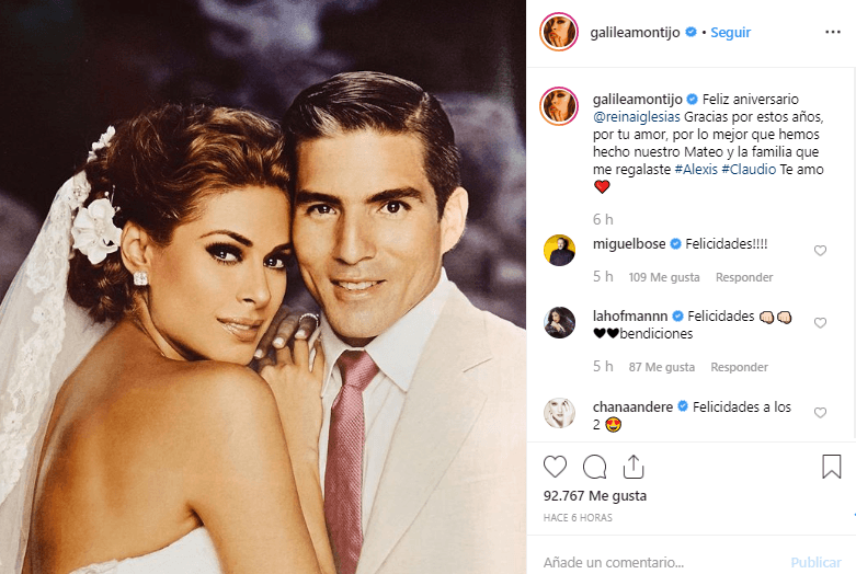 La conductora hizo lo propio, pero decidió compartir una imagen del día de su boda. "Feliz aniversario Fernando Reina. Gracias por estos años, por tu amor, por lo mejor que hemos hecho, Mateo, y la familia que me regalaste, Alexis Claudio. Te amo", publicó al pie de imagen.