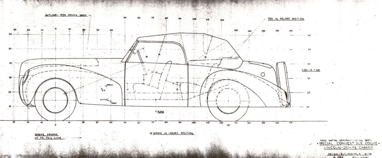 Diseño original de 1938 del 'Special Convertible Coupe', el auto que se conocería eventualmente con el Lincoln Continental.