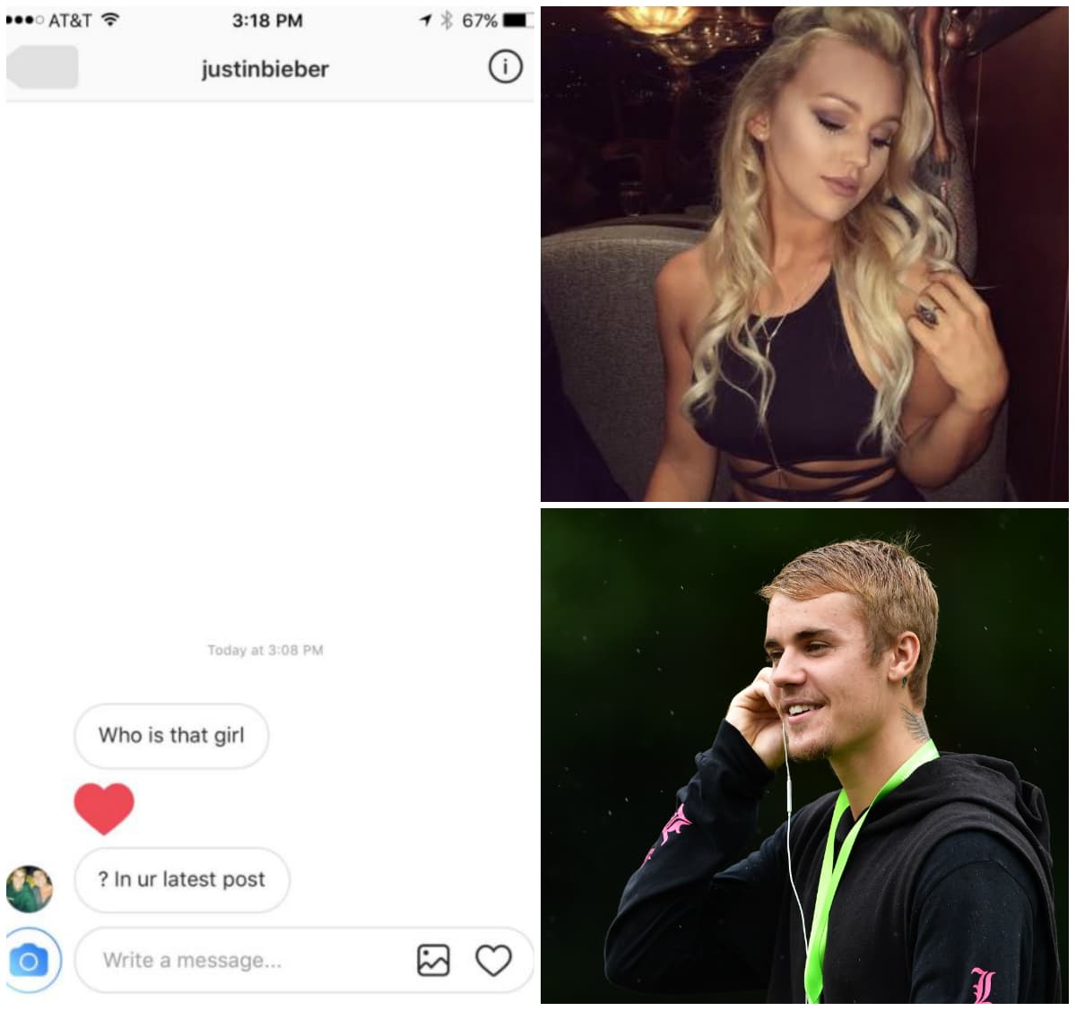 ‘¿A caso esto realmente ocurrió?... Justin Bieber acaba de mensajear el gimnasio en el que trabajo y me preguntó quién era yo hahahaha WTF’, escribió la joven que compartió el pantallazo de la conversación entre Bieber y el gimnasio.