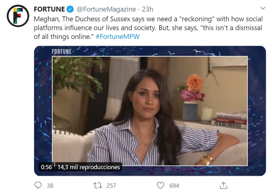 La intervención de Meghan Markle durante el evento virtual fue reseñado por diversos medios como el 
<a href="https://www.dailymail.co.uk/femail/article-8786507/Meghan-Markle-says-doesnt-focus-criticism-flattery.html" target="_blank">Daily Mail</a>, 
<a href="https://www.huffpost.com/entry/meghan-markle-misinformation_n_5f73262cc5b6117cd1048a23?ncid=engmodushpmg00000004&guccounter=1&guce_referrer=aHR0cHM6Ly90LmNvL3hyaVBRYVY5dGc_YW1wPTE&guce_referrer_sig=AQAAAEA9cn52BnhxrVeK3KTXiaOVKPXZrvOJ2q_k6lgRKZres2wgbOTwVqaXCbOkEomXRTxEjTS11VzO0lxeVnZaBeUvESs_gqL_Cd7ebUOpnSeK9K0Z-Qbwi4sTOcir7gDypqjfSyYlbqMK6rA8SxHuNaEvzz2TVDHsubyPtE8DtvcX" target="_blank">HuffPost</a> y 
<a href="https://www.etonline.com/meghan-markle-talks-authenticity-and-being-liberated-from-others-opinions-153884" target="_blank">ET Online</a>. Además, varias de sus declaraciones fueron publicadas en la cuenta de Twitter de Fortune. 
<br>