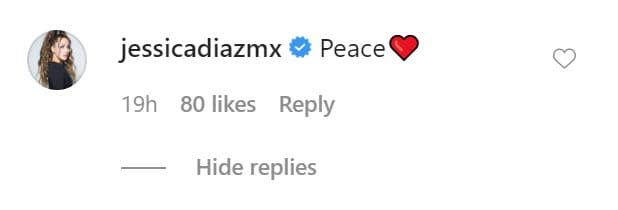 La foto la acompañó solo con el emoticono de un corazón. La imagen mereció un comentario departe de Díaz: lo hizo con la palabra "paz" y un corazón. 
<br>