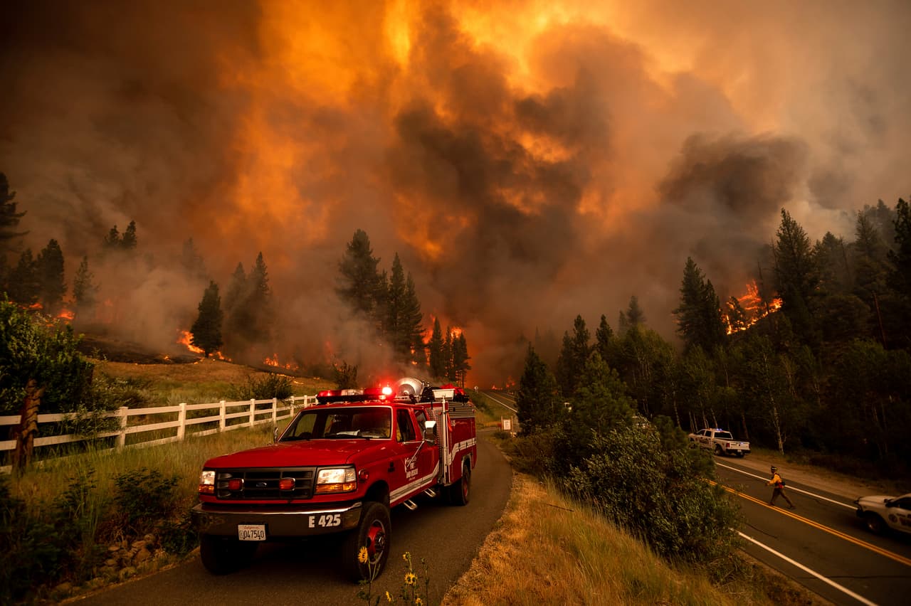 Los bomberos combaten el incendio de Tamarack en la comunidad de Markleeville en el condado Alpine, en California. (AP Photo/Noah Berger)