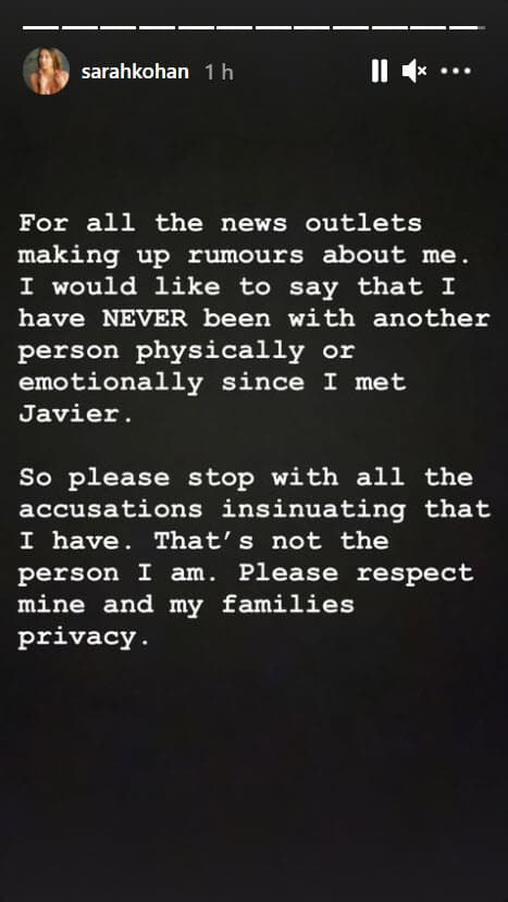 "Así que por favor dejen de insinuar todas las acusaciones. Esa no es la persona que soy. Por favor 
<b>respeten mi privacidad y la de mi familia</b>".
<br>