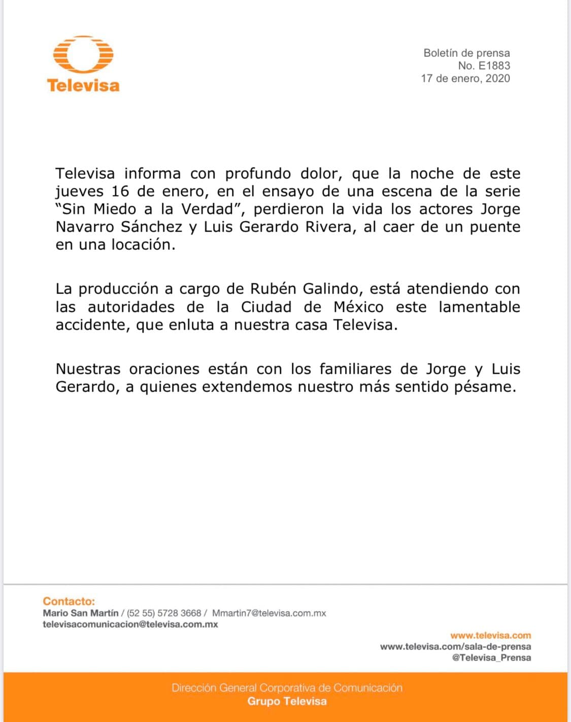 Fue por medio de este comunicado que Televisa dio a conocer el accidente ocurrido la noche del jueves 16 de enero.