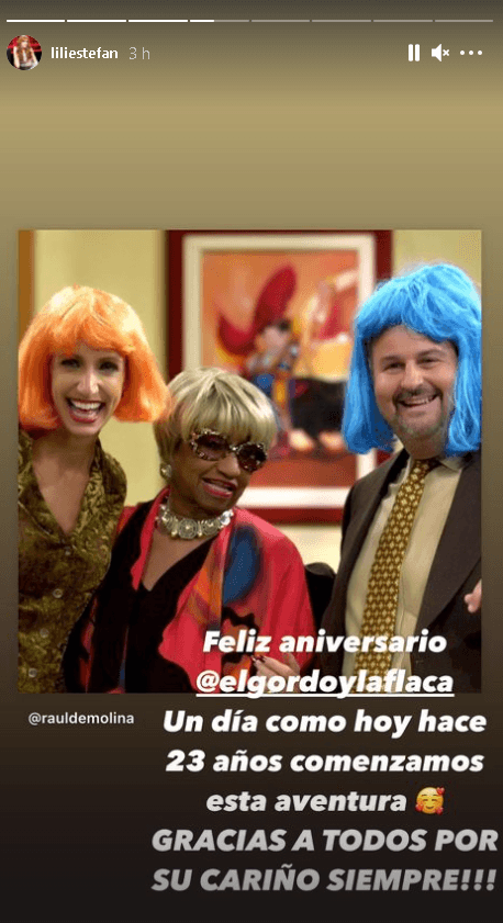 La Flaca se sumó al agradecimiento de Raúl y escribió en sus historias de Instagram: "Un día como hoy hace 23 años comenzamos esta aventura. Gracias a todos por su cariño siempre!!!"