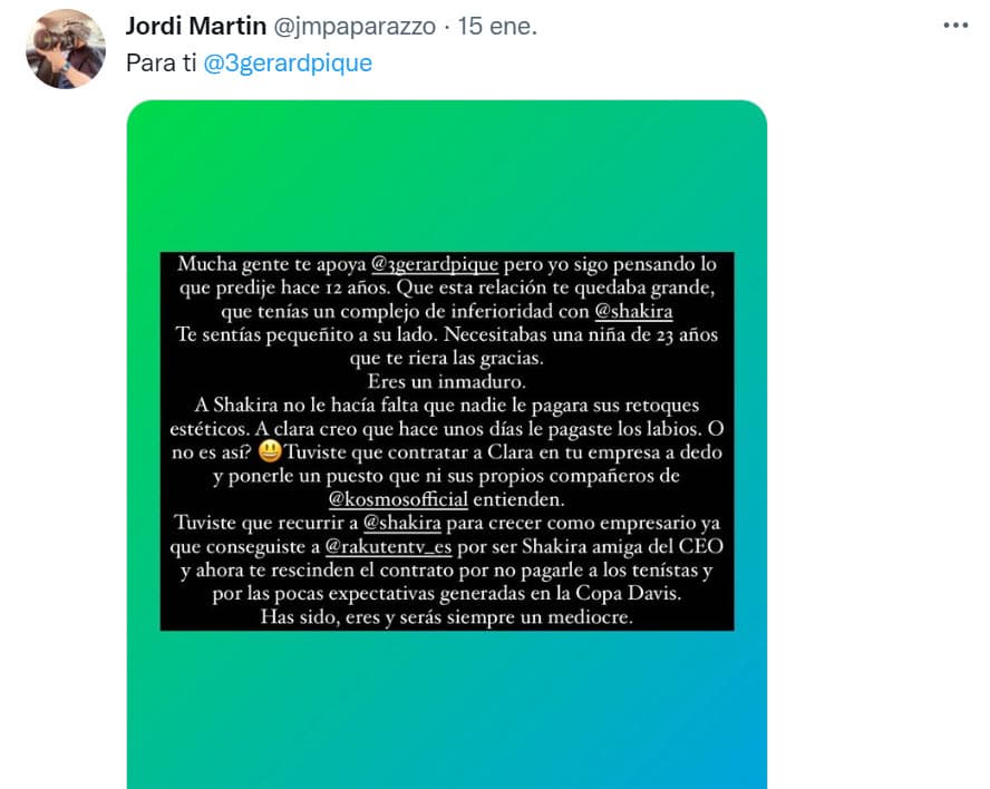 "
<b>A Shakira no le hacía falta que nadie le pagara </b>sus retoques estéticos", escribió el periodista Jordi Martín en su cuenta de Twitter.
<br>