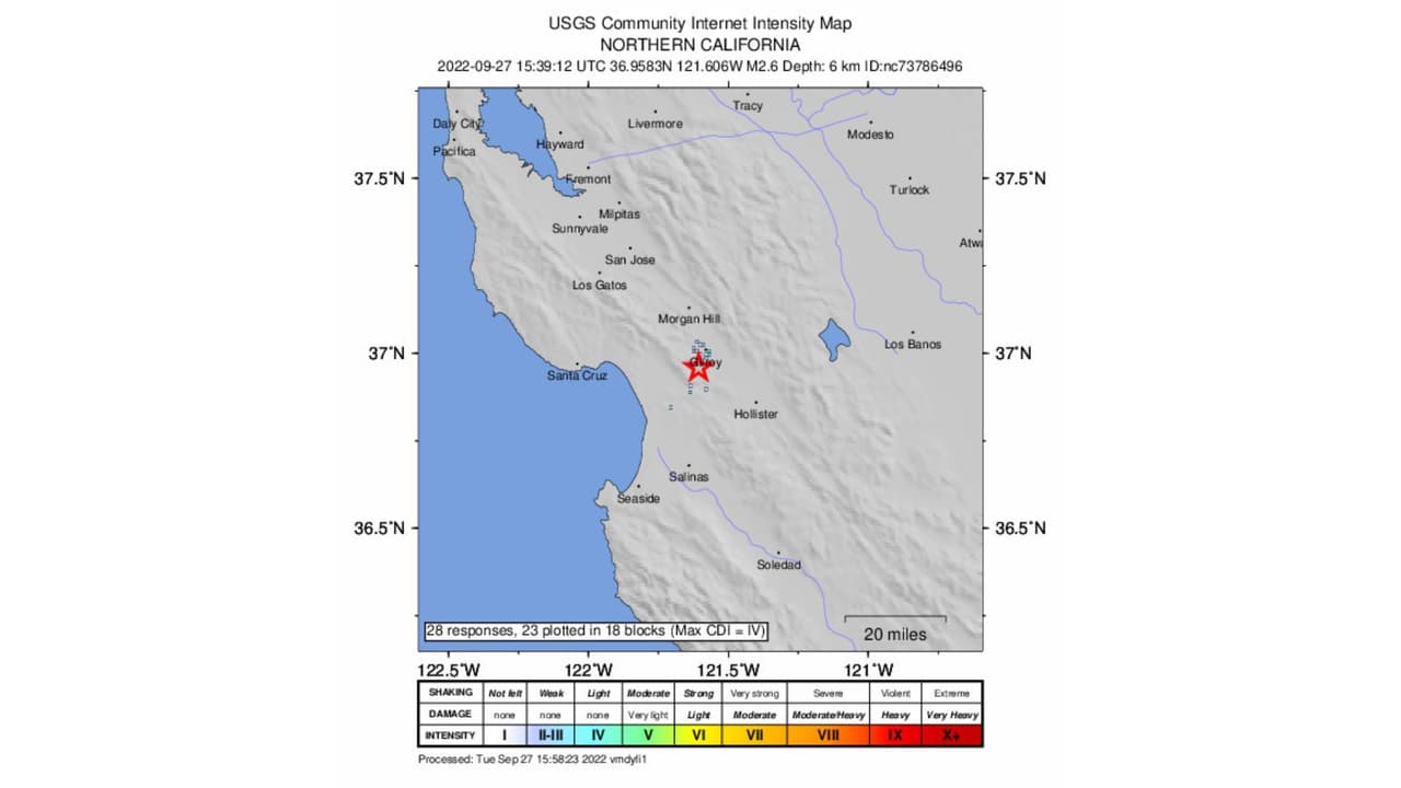 Datos del USGS proporcionados este martes 27 de septiembre sobre el temblor de magnitud 2.6 que sacudió a la región de Gilroy.