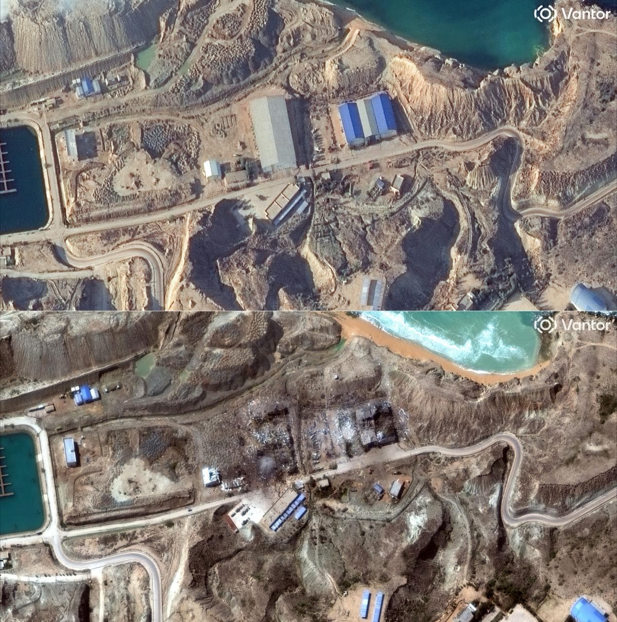 Esta combinación de imágenes creada el 6 de marzo de 2026, utilizando imágenes satelitales cedidas por Vantor, muestra los edificios de la base naval iraní de Bandar Barkhuh el 20 de enero de 2026 (arriba) y una vista de los daños sufridos por los edificios tras un ataque militar el 6 de marzo de 2026.
<br>
<br>Estados Unidos e Israel han lanzado ataques contra Irán desde el 28 de febrero, con el asesinato del líder supremo de Irán, y la República Islámica respondió con una lluvia de misiles contra los Estados del Golfo e Israel.