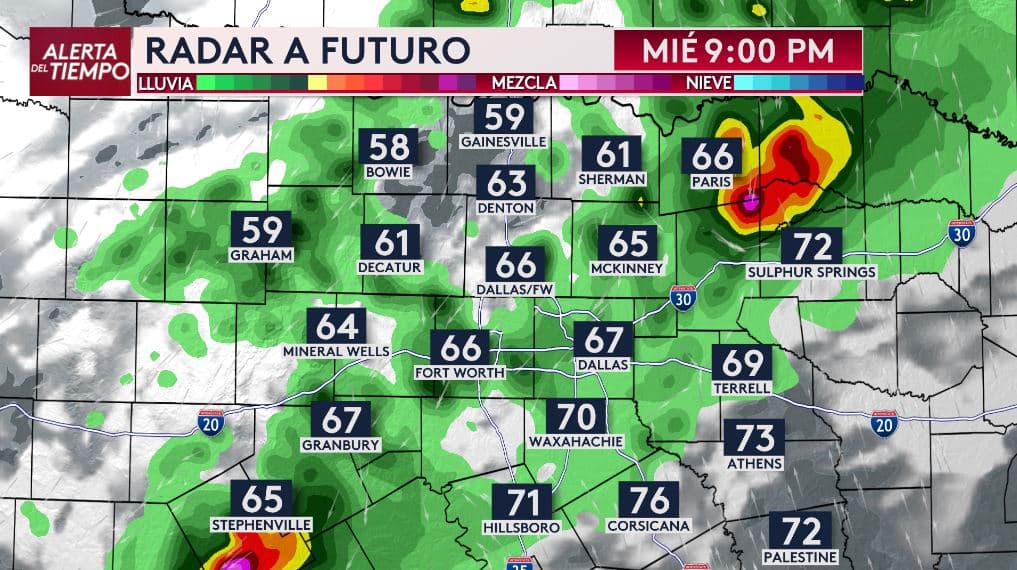 <h3 class="cms-H3-H3">Tormentas podrían extenderse durante la noche</h3> Para las 9 de la noche del miércoles, los modelos indican que 
<b>varias áreas del norte de Texas podrían estar bajo lluvia y tormentas.</b> 
<br>Algunas tormentas más intensas podrían mantenerse activas 
<b>mientras avanzan por la región. </b>
<br>Durante este periodo aún existe 
<b>la posibilidad de ráfagas de viento y granizo en sectores aislados</b> antes de que la actividad comience a debilitarse hacia la madrugada del jueves.