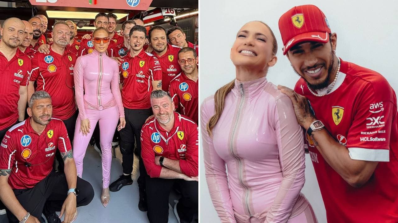 Jennifer López con el escudería de Ferrari en la Fórmula 1; también posó juntoa Lewis Hamilton.