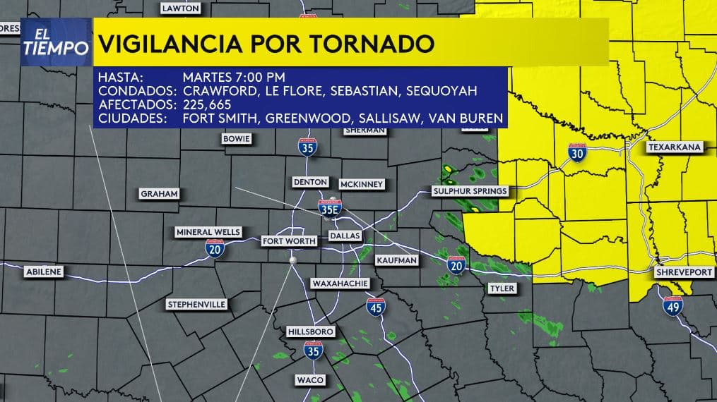 Una 
<b>vigilancia por tornado está activa hasta las 7:00 p.m. para zonas al este y noreste</b> de Dallas - Fort Worth. 
<br>Aunque el área principal aparece fuera del Metroplex,
<b> el norte de Texas sigue bajo amenaza de tiempo severo este martes.</b>