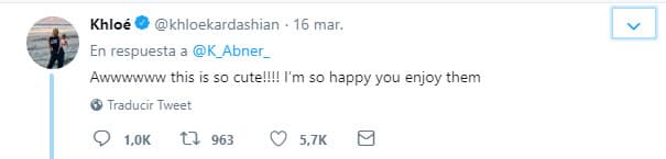 La hermana de Kim Kardashian contestó el mensaje un día después: "¡Ay! ¡Eso es tan lindo! Estoy muy feliz de que los disfrutes".