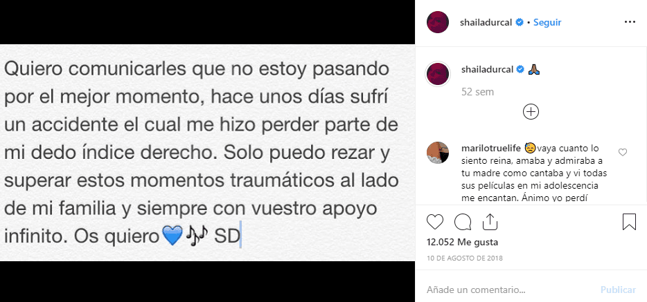 Fue el 10 de agosto de 2018 cuando la hija de Rocío Dúrcal anunció a través de Instragram sobre este suceso: "Quiero comunicarles que no estoy pasando por el mejor momento, hace unos días sufrí un accidente el cual me hizo perder parte de mi dedo índice derecho".