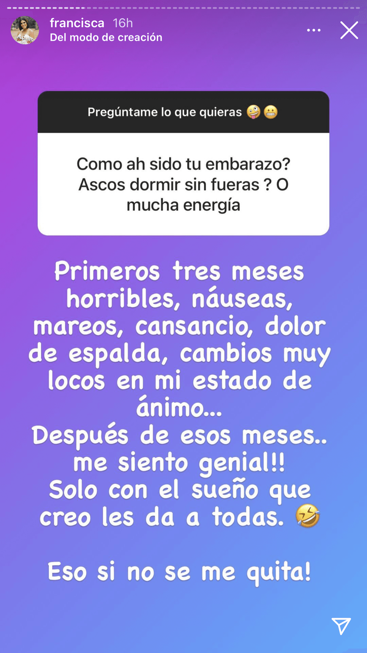 Por ahora, disfruta de esta etapa. Los primeros achaques ya quedaron atrás y ahora lo único que padece es sueño, el cual muchas mujeres embarazadas suelen tener. 
<br>