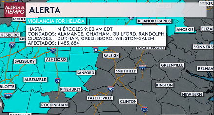 Una vigilancia por helada está vigente en zonas de Carolina del Norte hasta la mañana del miércoles. Un frente frío hará que las temperaturas bajen hasta los 20 °F en las montañas, de 30 a 40 °F en el centro y de 40 a 50 °F al este de Carolina del Norte. Las condiciones más frías se sentirán entre la noche del lunes y el martes.