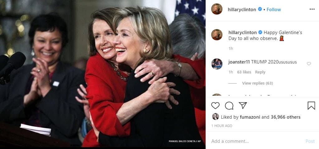 Este 13 de febrero, 
<b>Hillary Clinton</b> no dejó pasar la fecha y compartió esta fotografía en Instagram con el siguiente texto: "Feliz Día de Galentine a todos".