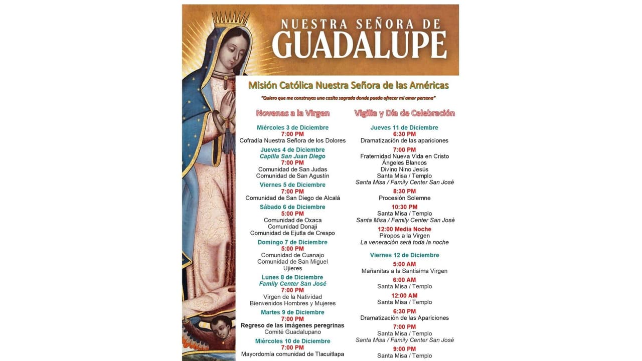 Calendario de Eventos del Día de la Virgen de Guadalupe en la Iglesia Misión Católica de Nuestra Señora de las Américas.