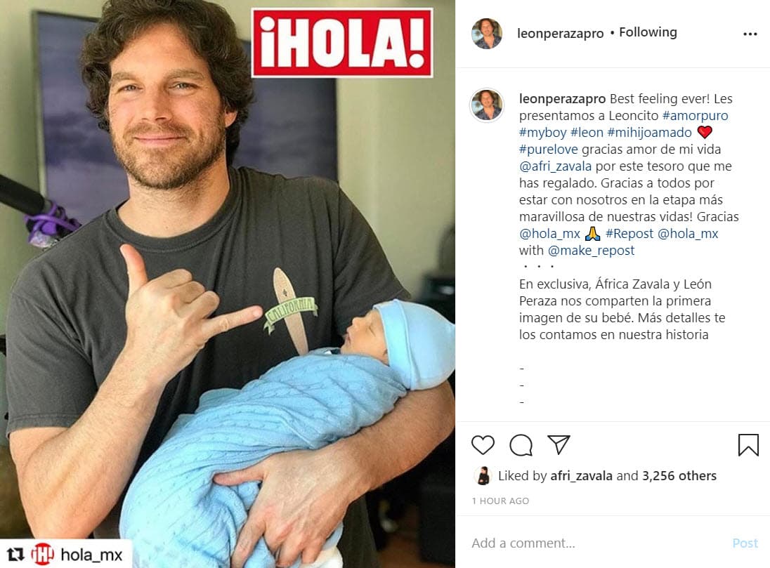 Siete días después de convertirse en padres, 
<b>la pareja presentó a su hijo </b>a través de la revista 
<a href="https://mx.hola.com/famosos/2020082034061/africa-zavala-bebe-primera-foto/" target="_blank">¡Hola! México</a>, aunque en la imagen solo apareció el actor venezolano y su primogénito.
