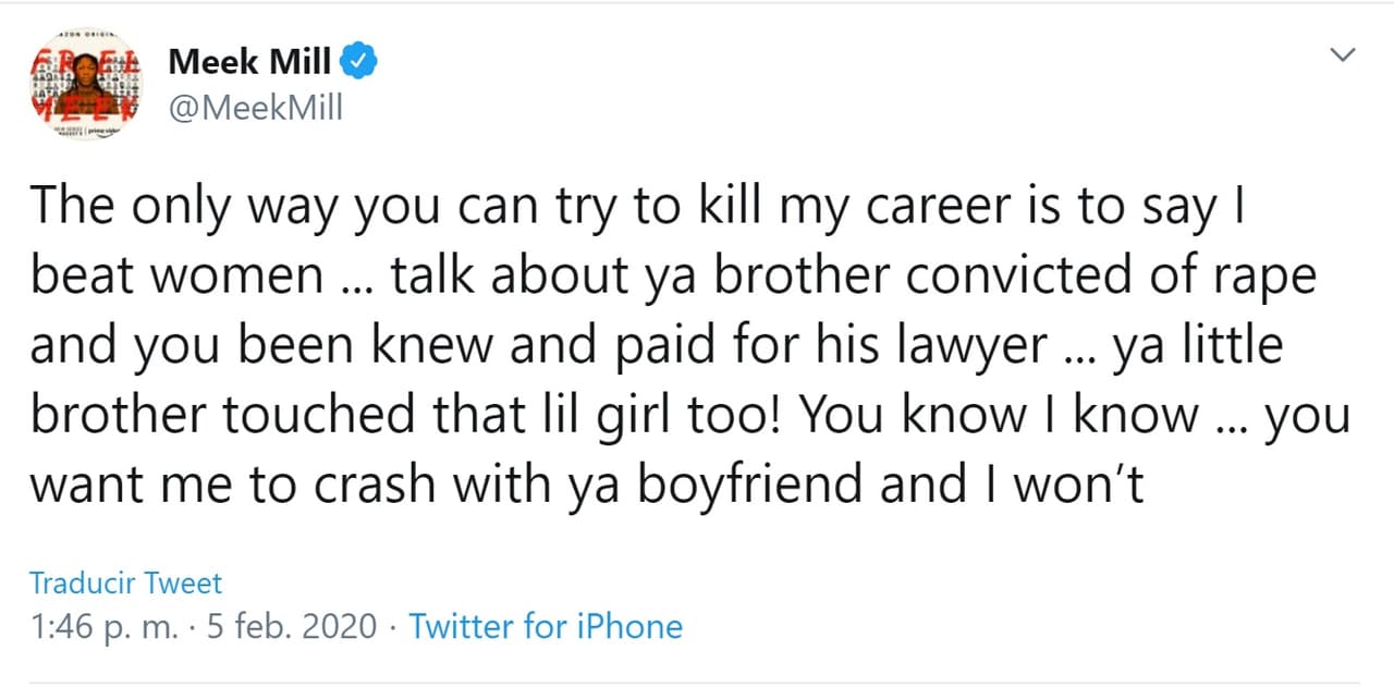 "La única forma en que puedes tratar de matar mi carrera es decir que golpeé a las mujeres", escribió Mill para luego arremeter contra ella al recordarle que su hermano Jelani Maraj, fue sentenciado a 25 años de
<a href="https://www.univision.com/famosos/hermano-de-nicki-minaj-es-condenado-a-25-anos-de-prision-hasta-cadena-perpetua-por-violacion-de-una-nina-fotos" target="_blank"><b> prisión por un caso de violación. </b></a>
<br>