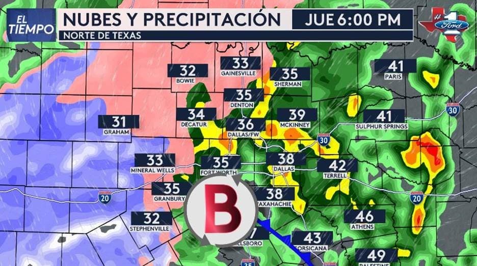 Nubes y precipitación en el norte de Texas el jueves