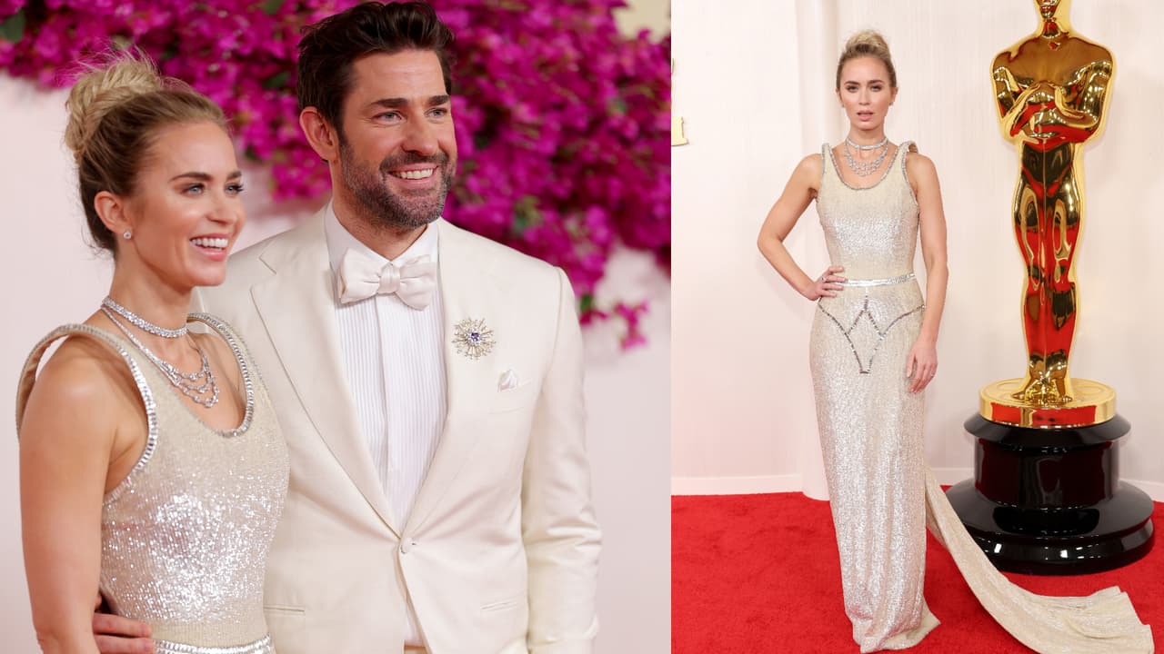 La nominada Emily Blunt llegó acompañada y en tono en look con John Krasinski. El collar de ella era de Tiffany & Co y su vestido Schiaparelli.