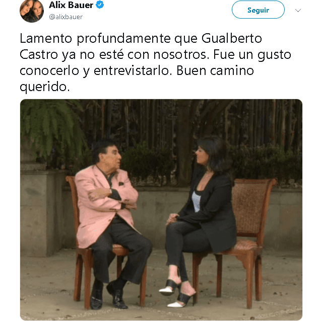 A través de Twitter, Alix Bauer también lamentó la partida del artista:"Lamento profundamente que Gualberto Castro ya no esté con nosotros. Fue un gusto conocerlo y entrevistarlo. Buen camino querido", 
<b><a href="https://twitter.com/alixbauer/status/1144584304917405698" target="_blank">escribió la ex integrante de Timbiriche</a></b>.