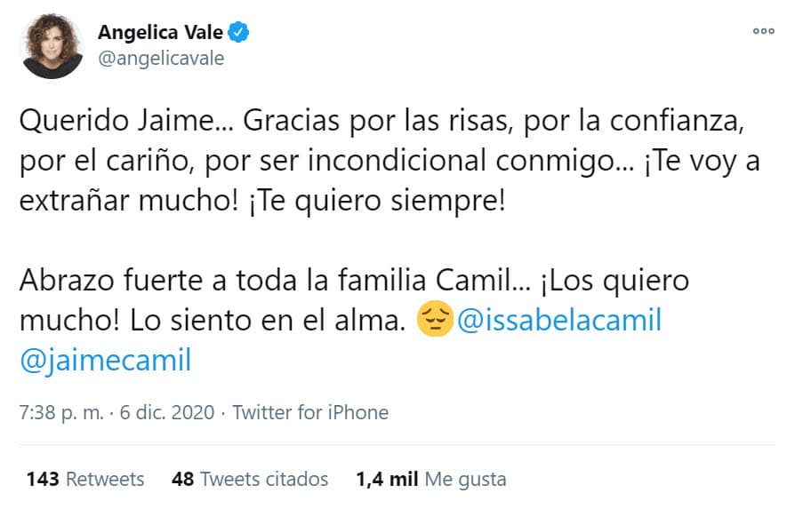 En su mensaje, Vale también expresó solidaridad con Issabela Camil, hermanastra del actor. "Querido Jaime (Camil Garza)... Gracias por las risas, por la confianza, por el cariño, por ser incondicional conmigo... ¡Te voy a extrañar mucho! ¡Te quiero siempre! Abrazo fuerte a toda la familia Camil... ¡Los quiero mucho! Lo siento en el alma".