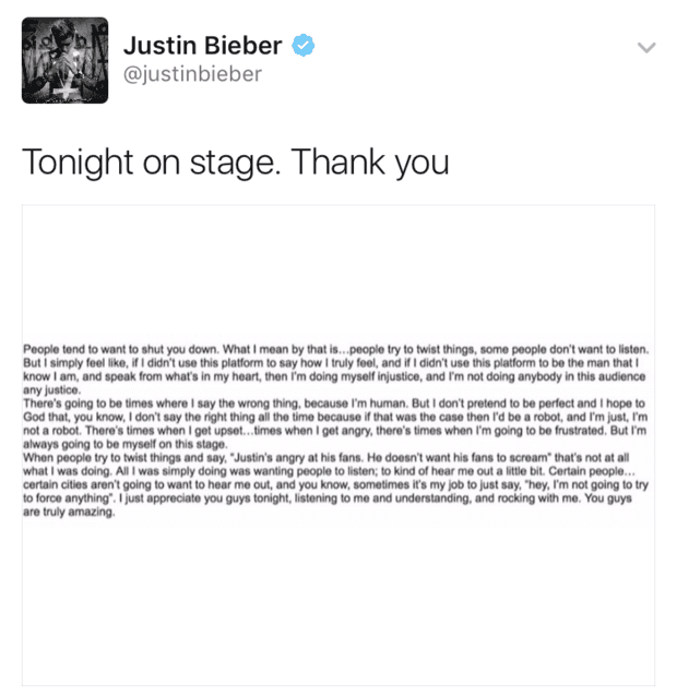 Justin publicó una explicación para sus fans.
